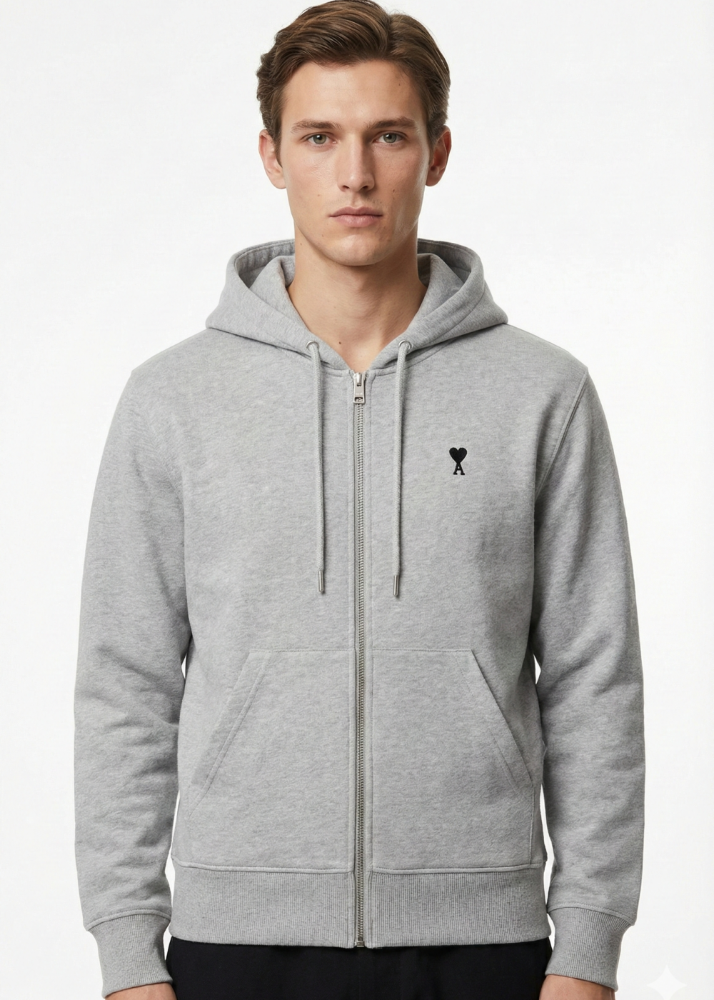 AMI PARIS Cotton Zipped Ami De Coeur Hoodie Grey