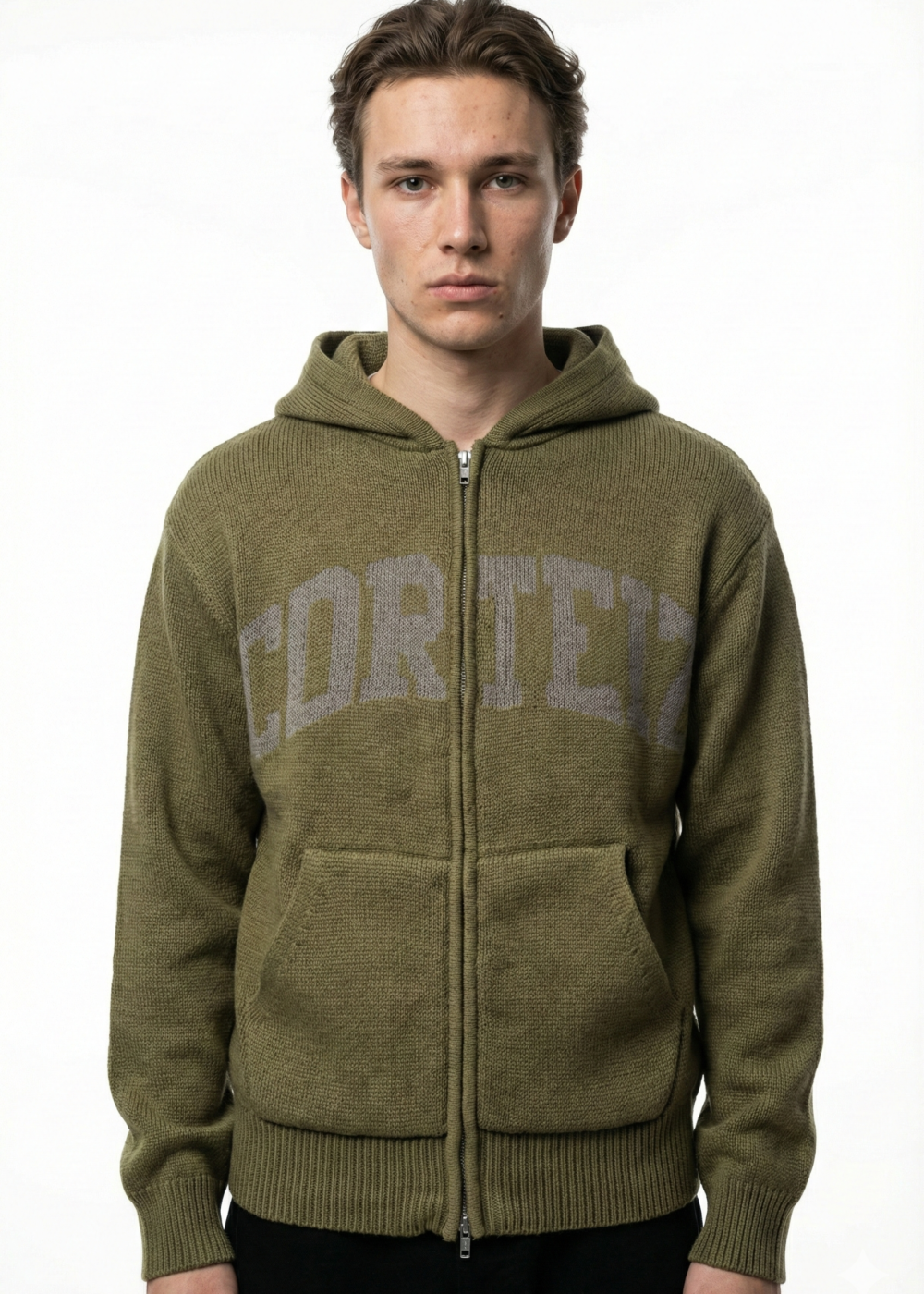 Corteiz 3m College Knit Zip Hoodie 'Olive